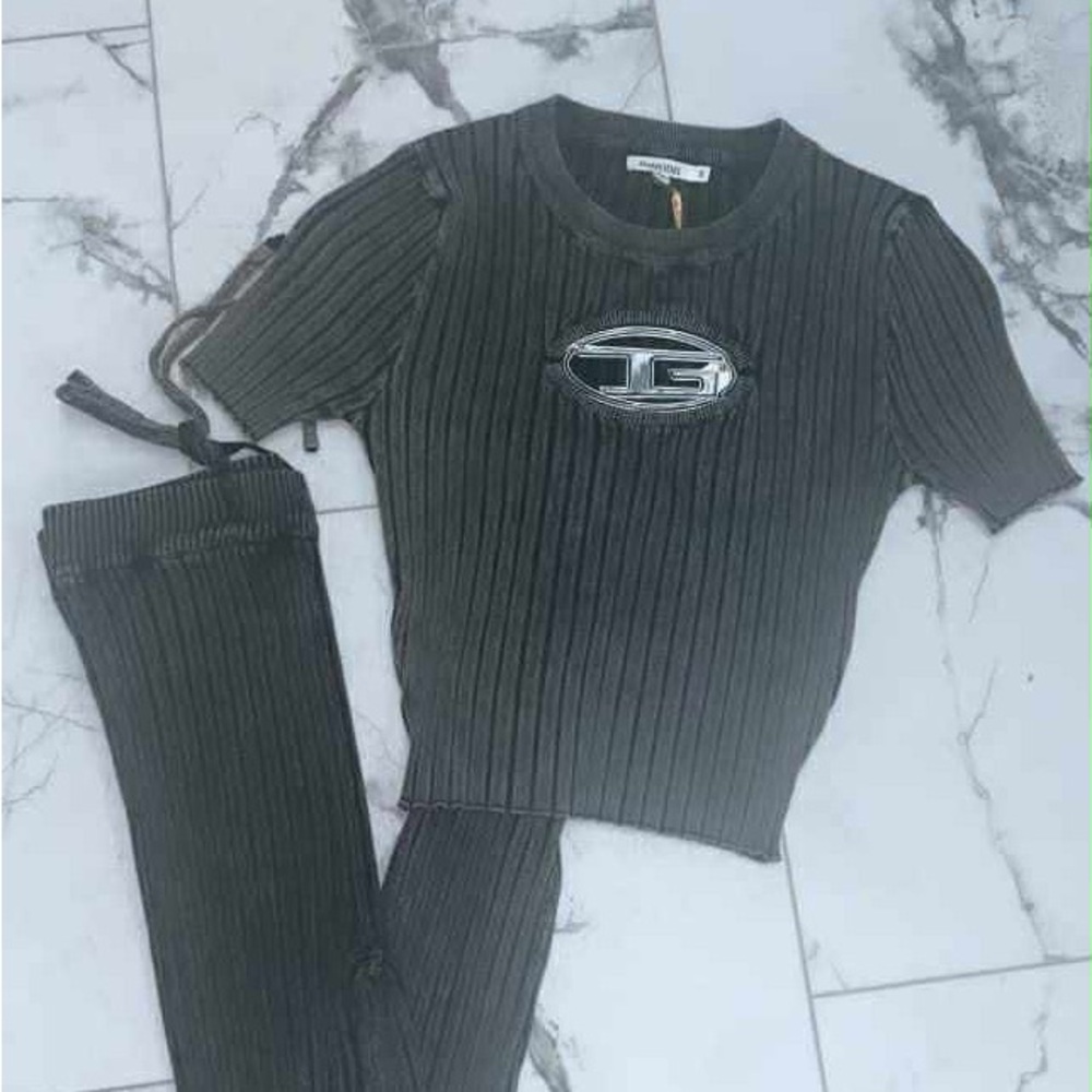 Gray Ribbed Top and Pants Set